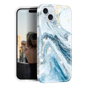 JIAXIUFEN Compatible avec iPhone 15 &ndash; Coque de Protection Fine en Silicone TPU Souple &ndash; Motif marbre paillet&eacute; dor&eacute; &ndash; Coque de Protection Antichoc en Silicone TPU Souple &ndash; Bleu (RXKEJIEU, neuf)