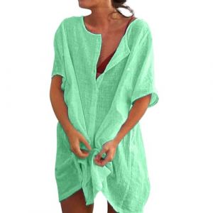 Kimono, Pareo Cache Maillot De Bain Femme Plage Grande Taille Mi Longue Robe Chemise Femme Longue, Blouse Tunique Col Rond Sexy Oversize Sortie Chemise Kaftan Transparent En Coton, Chemisier Vert, XXL (ChaoWenMao, neuf)
