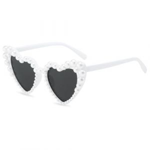 Augesak Lunette Coeur avec Perles, Lunette de Soleil Coeur, Lunettes de Soleil Femme Coeur, Lunette Soleil Femme, Lunettes de F&ecirc;te R&eacute;tro pour Voyages Costume de Mariage Accessoires (Blanche) (QIANYANKE, neuf)