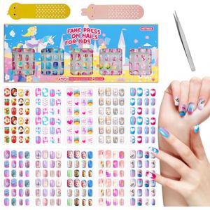 Lot de 240 faux ongles à presser avec colle à ongles pour enfants et filles Longue durée, Couvrance complète Kit d'ongles en acrylique pour filles et enfants Cadeau (Licorne bonbon, 240 PCS) (NetMeo, neuf)