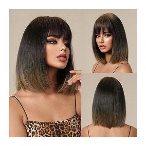 Perruque Naturel Synth&eacute;tique Noir Brun Ombre Bob Perruque for les Femmes Noires Court Droite Cosplay Cheveux Perruques avec Frange Fibre R&eacute;sistant &Agrave; La Chaleur Perruque Coupe (zengfanjunuk, neuf)