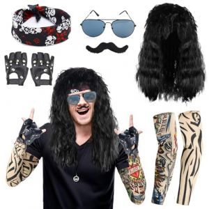 VAIAV Déguisement Homme Rock Kit, Punk Rock Perruque Accessoires Rockstar, perruque homme annee 70 80 90 avec Perruque Lunettes Gants Bandanas Manches (hengtwo, neuf)