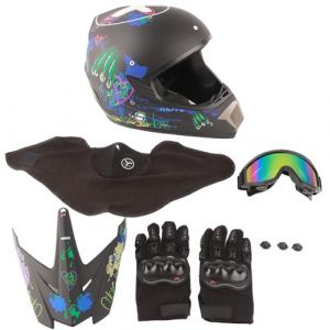 Masyrt Jeunesse Casques De Moto, Casque de Motocross pour Les Adolescents, Garçon Et Fille Scooter De Ski VTT Casque, Terrain Four Seasons avec Lunettes Et Gants (S) (Taikune, neuf)