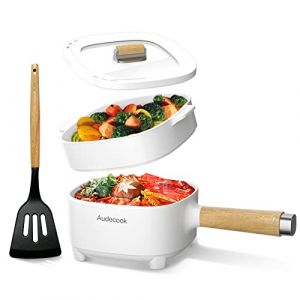 Audecook Poêle à frire électrique avec cuiseur vapeur, poêle antiadhésive en céramique améliorée de, poêle à ramen électrique pour steak, œufs, riz frit (E (blanc / 2l avec cage à vapeur)) (Aude EU, neuf)