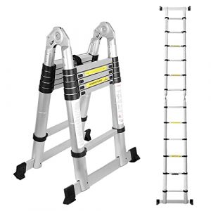 Randaco Échelle Télescopique Aluminium, 3.8M (1,9 + 1,9) Échelle Pliable et déployable multiusage, 12 Echelons Polyvalente Échelle, Antidérapante, Échelle Portable, Charge Max 150KG (Panda-Janos, neuf)