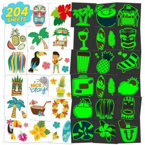 204 Feuilles Lumineux Unique Tatouage Temporaire pour Enfants, Hawaiian Tropical Pool Beach Party Décorations pour Filles Garçons, Imperméable Enfants Tatouages et Faux Autocollants de Tatouage (EMOME-EU, neuf)