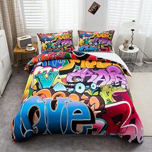 Ensemble de literie Style Graffiti Enfants Housse de Couette thème Hip hop pour garçons Adolescents Illustration Jeunesse, Housse de Couette Homme Street Culture 200x200cm Housse de Couette 3 pièces (Bofanshangmao, neuf)