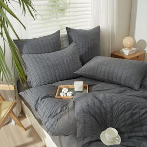 YASMENG Seersucker Housse de Couette 220x240 Gris Rayé Seersucker Parure de Lit Doux Respirant Microfibre Seersucker Linge de Lit 2 Personne Adulte avec Fermeture Éclair avec Taies d'oreiller 65x65 cm (Tamir Zhang, neuf)