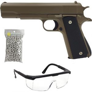 Saigo Defense Pack Airsoft Pistolet Style 1911 à Ressort/Couleurs: Noir et Tan (Désert) / Matière: Métal/Puissance 0.3 Joule/Livré avec Accessoires (PRO-EQUIPEMENT, neuf)