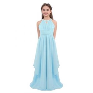 Yruioon Filles Paillet&eacute; Dos Nu Cou en Mousseline De Soie Fleur Fille Robe Mariage Demoiselle D&rsquo;Honneur Anniversaire Party Robe De Bal 7-16 Ans Bleu Clair 15-16 Ans (Yruioon, neuf)