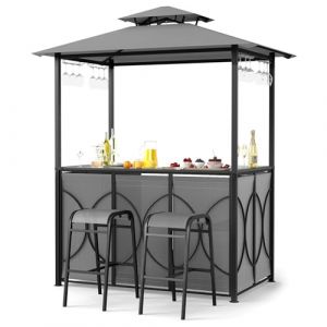 COSTWAY Tonnelle de Barbecue 3 Pcs avec 2 Tabourets de Bar, Abri Barbecue avec Plateau en Verre Tremp&eacute; &Eacute;tag&egrave;res en M&eacute;tal Auvent &agrave; Double Toit, pour Jardin Cour, 194 x 121 x 242 cm (Gris) (FDS GmbH, neuf)
