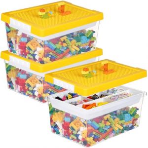 Greentainer Lot de 3 bacs de rangement empilables en plastique avec plateau amovible pour enfants avec couvercle de plaque de base, bo&icirc;te de rangement pour briques de construction, jaune (Tengfei Limited, neuf)