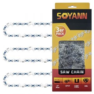 3 Chaînes de Tronçonneuses 30cm, 44 Maillons/Entraineurs, Pas de 3/8", Jauge 0,050" (1,3 mm), Chaîne à Faible Rebond Compatible pour Stihl, Oregon, Black & Decker et autres (YCblue-EU, neuf)