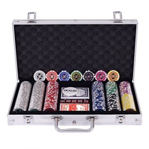 DREAMADE Mallette de Poker Verrouillable avec 300 Jetons avec Autocollant Laser, Bouton de Donneur, 2 Jeux de Cartes, 5 D&eacute;s et Mallette de Poker en Aluminium (Argent) (DREAMADE, neuf)