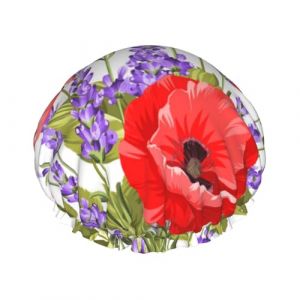 Bonnet de douche imperm&eacute;able &agrave; bande &eacute;lastique, bonnet de douche r&eacute;utilisable &agrave; double couche pour femmes,Bouquet de lavande et de coquelicot (aysr.store, neuf)