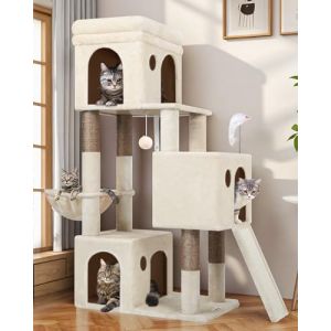 Globlazer Arbre a Chat Beige pour 2-4 Chat avec 3 Grandes Niches 40 * 33 * 35cm, Plateforme, Planche Sisal, Panier, Peluche Jouets, Stable Arbres &agrave; Chats Hauteur 133 cm pour Gros Chats (F52B, Beige) (Globlazer For Your Pet, neuf)