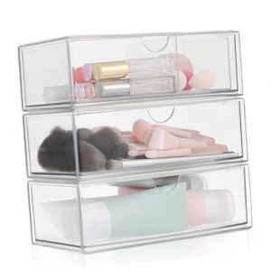 Mikinona 3 pi&egrave;ces Organisateur de Maquillage Transparent avec Compartiments Bo&icirc;te de Rangement pour Bureau Bo&icirc;te de Rangement Cosm&eacute;tique avec Couvercle Organiseur de Vanity Compact et (Dawn Cedar, neuf)