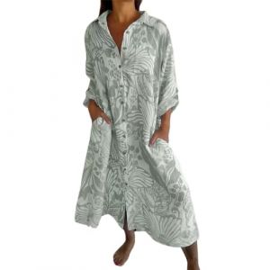 Peignoir Satin Femme Robes de Printemps et d'été pour Femmes, Boho, Motif Floral, col à, boutonné, Vacances, Plage, Longue Robe Fluide Peignoir Essentiel Ensemble Nuisette Peignoir (Mint Green, XXL) (UYUH, neuf)