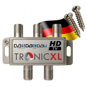 TronicXL R&eacute;partiteur Satellite num&eacute;rique 4 Prises - C&acirc;ble d'antenne Souple DVBC DVBS DVBT DVBS2 DVBT2 - HD TV 4 Positions Commutateur de t&eacute;l&eacute;vision Connecteur F Souple c&acirc;ble Racine BK unicable (&euro;urosell, neuf)