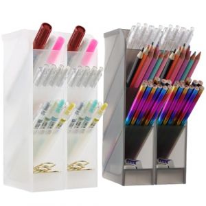 Ehuihuan 4 Pièces Organisateur de Bureau, Plastique Porte Crayon, Boîte de Rangement Cosmétiques, Translucide Porte Stylo, 16 Compartiments Stockage pour Papeterie (2 Blancs + 2 Noirs) (Ehuihuan, neuf)