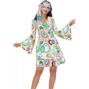 Jutrisujo Déguisement Annee 80 Femme 60, 70, 90 Disco Hippie Costume Remme Robe Vetement Halloween Deguisement Hippie Carnaval Grande Taille Blanc S (jutrisujo Unique, neuf)