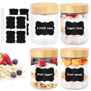 Vikcvcsc Lot de 4 Overnight Oats Jars 450ml, Pot Yaourt Avoine en Verre avec Couvercle, Mason Jar Bocaux en Verre Hermétique, Meal Prep Bocal en Verre pour Confitures, Yaourt, Puddings, Salades (Avokuya, neuf)