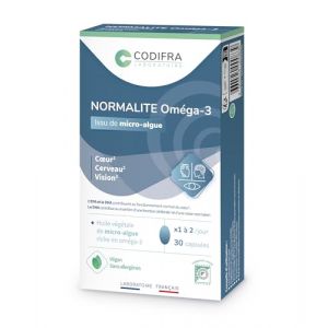 Codifra - Normalite Om&eacute;ga-3, Compl&eacute;ment Alimentaire Coeur, Cerveau, Vision - 300 mg d&rsquo;Om&eacute;ga-3 (DHA, EPA) Issus d&rsquo;Huile de Micro-Algue - Fabrication Fran&ccedil;aise - 30 Capsules V&eacute;g&eacute;tales (LABORATOIRE CODIFRA, neuf)