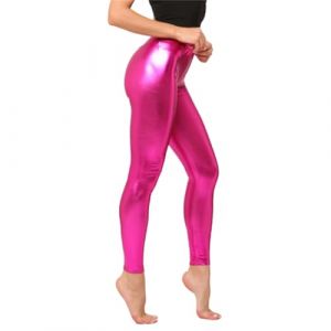Generisch Legging m&eacute;tallique brillant pour femme - Effet mouill&eacute; - Pantalon skinny stretch - Pantalon de danse pour le fitness, le yoga, la danse, la discoth&egrave;que et le carnaval, O Rose chaud, L (Beimu250718XZ, neuf)