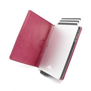 Stealth Wallet Porte Carte Bancaire RFID pour Homme - Porte-Cartes De Cr&eacute;dit avec M&eacute;canisme Pop Up et Bo&icirc;te Cadeau - Portefeuilles de Cr&eacute;dit Aluminium Minces (Aluminium Argent, Cuir Bordeaux) (ETK Limited, neuf)