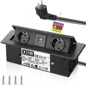 Prise encastrable escamotable en Aluminium - 3500 W/16 A - 2 Compartiments - Plateau de Table encastr&eacute; avec 2 USB - Multiprise Electrique Plan de Travail, Cuisine, Bureau - Multiprise Plan 1.8M c&acirc;ble (DEYITONG COMPANY, neuf)