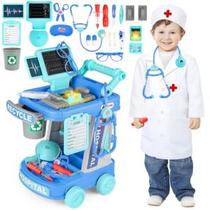 deAO Chariot Medical Enfant, Jeux Malette Docteur, avec Costume et Accessoires de M&eacute;decin avec Lumi&egrave;re et Son, Doctors Kids Medical Centre, Jeu de R&ocirc;le M&eacute;decin 3 4 5 6 Ans(Bleu) (MEGOSS, neuf)