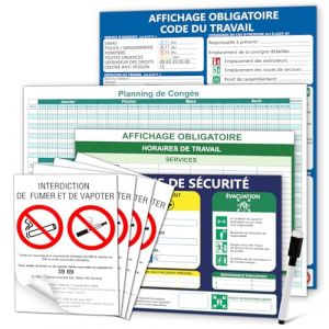 Pack de 9 Code du Travail Affichage Obligatoire Panneaux Autocollants Calendrier Annuel 400x300mm Horaire de Travail Consignes de S&eacute;curit&eacute; 200x300mm Interdiction de Fumer Avec Stylo Effa&ccedil;able (yituokejiyouxiangongsi, neuf)