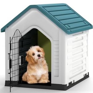 GOPLUS Niche pour Chien Exterieur 67×52×60 CM, Cabane Chien Exterieur en PP Imperméable avec Porte Grillagée Verrouillable, Toit Incliné et Plancher Surélevé, Aérations à Côtés, Abri Chiot (Blue) (Augenstern24, neuf)