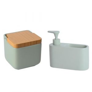 KOOK TIME Set d'accessoires de Cuisine - Pot a sel Cuisine avec Couvercle basculant en Bambou et Distributeur Liquide Vaisselle Porte Eponge - Céramique Vert Sauge Mat et Bambou (Kook Shop, neuf)