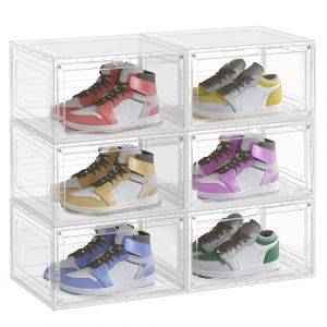 SONGMICS Boîtes à Chaussures Lot de 6, Rangement pour Chaussures, en Plastique, avec Porte, Empilable, 33 x 28,5 x 19,2 cm, jusqu’à la Pointure 46, Blanc Transparent LSP506W01 (SONGMICS HOME FR, neuf)