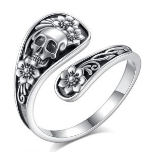 INFUSEU Bague Tete De Mort, Anneau Bouge De Cuillère Gothique Halloween Noël Acier Argent 925 Squelette Et Cuillère Réglable Vintage Cadeaux pour Femmes Filles Homme (INFUSEU, neuf)