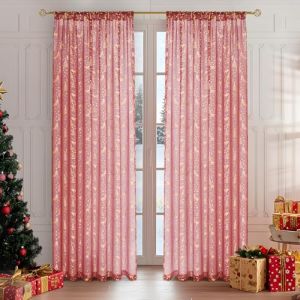 MRTREES Lot de 2 rideaux de No&euml;l &agrave; lamelles rouges pour salon, chambre &agrave; coucher, rideaux transparents avec motif de No&euml;l en dor&eacute;, 225 x 140 cm (H x l), pour chambre d'enfant (MRTREES HOME, neuf)