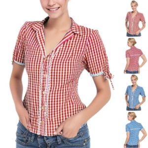 meiodtion Chemisier Oktoberfest pour femme - Rouge et blanc - À carreaux - Manches courtes - Mode traditionnelle - Costume de fête de la bière - Chemisier traditionnel bavarois moderne, Rouge (02)., (WPYueSuxiaodian, neuf)