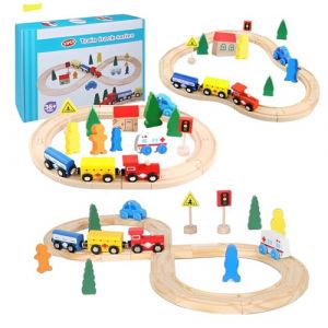Cylora Circuit Train Enfant, 33 pi&egrave;ces Ensemble Circuit de Train en Bois pour Tout-Petits, Rails en Bois, Th&egrave;me Ville Urbain Compatible ave Thomas Brio, Cadeaux de No&euml;l Anniversaire pour Enfants (haoshiguan, neuf)