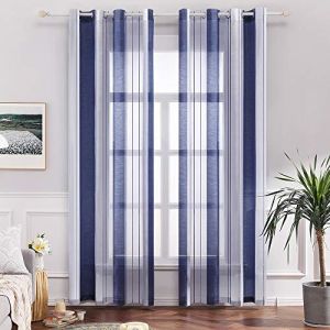 MIULEE Rideaux Voilage à Rayures Blancs et Bleu Marine, Voilages Intérieurs avec Oeillets, Beaux Voile Rideau Voilage Fenetre Chambre, Lot de 2 Transparent Rideaux Salon Hauteur 245 CM (MIULEE HOME, neuf)