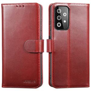 LENSUN Coque pour Samsung Galaxy A52S 5G, A52 &Eacute;tui en Cuir V&eacute;ritable Portefeuille Antichoc Housse [RFID Blocage] avec Rangements Cartes et Fermoir Magn&eacute;tique - Vin Rouge (LENSUN-SX, neuf)