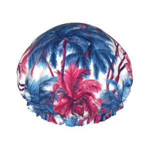 Grand bonnet de douche r&eacute;utilisable pour femme - Tendance et confortable - Imprim&eacute; palmier hawa&iuml;en rouge et bleu - Double couche pour la douche - Avec corde &eacute;lastique et doublure en PEVA (Vosery, neuf)