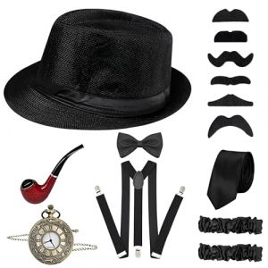 URFEDA 1920 Accessoires de Costume Homme, R&eacute;tro Gatsby Accessoires de V&ecirc;tements ann&eacute;es 20 avec Chapeau Haut N&oelig;ud Papillon Montre de Poche Barbes Bretelles pour Bals, Mascarades et Spectacles (Noir) (iShang Direct, neuf)