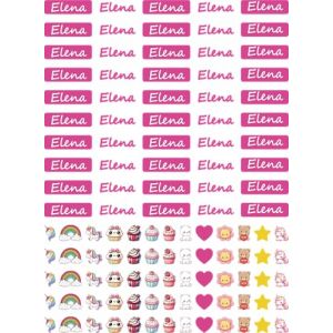 Étiquettes autocollantes personnalisées pour filles avec nom pour filles, imperméables, lot de 50 pièces féminines de couleur rose avec de jolis dessins à thème. (Elena) (Corredino Neonato, neuf)