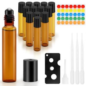 13 Pièces Flacon Roll On Vide, 10ml Roll On Huile Essentielle Vide Bouteil, Verre Couleur Thé Flacon Roll On avec Bille en Acier Inoxydable, Flacons à Bille Rechargeables pour Cosmétiques, Parfums (XIANGLONGY, neuf)