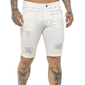 989Zé ENZO Short en Jean Stretch Slim fit pour Homme, Jean troué, Pantalon à Trous cassés avec Fermeture éclair EZS383 Blanc 28 (RAW DENIM, neuf)