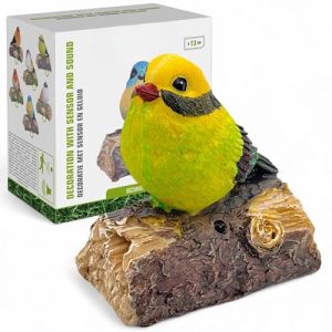 MIJOMA Oiseau décoratif avec gazouillis d'oiseaux et détecteur de mouvement - Oiseau gazouillant sur AST, peint à la main, 13 cm, fonctionne sur piles - Décoration d'intérieur réaliste (jaune-vert) (MIJOMA, neuf)
