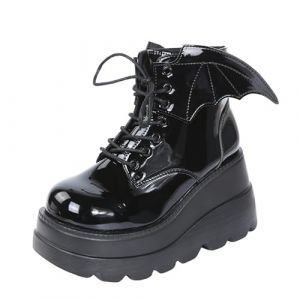 Agiyenna Bottines Gothiques À Lacets Pour Femme Talon Bloc Punk Bottines Plates En Cuir Verni Chaussures Épaisses Bottes De Motard Bottes Hautes Avec Motif Toile D'Araignée Ailes De Chauve-Souris (Yannis' shop, neuf)