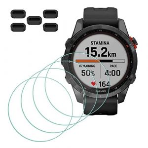 MTHGH Protection Écran pour Garmin Fenix 7S/ 7S Solar/ 7S Sapphire Solar Verre Trempé [4 pièces] + Bouchons anti-poussière 5 pièces, Protecteur d'écran Dureté 9H Anti-rayures Ultra Mince (MTHGH-FR, neuf)