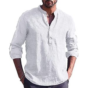 YAOBAOLE Chemise Lin Homme Manches Longues Col Mao Homme Coton Lin Chemise Col Mao de Plage Classique Blanc L (YBLfashion, neuf)